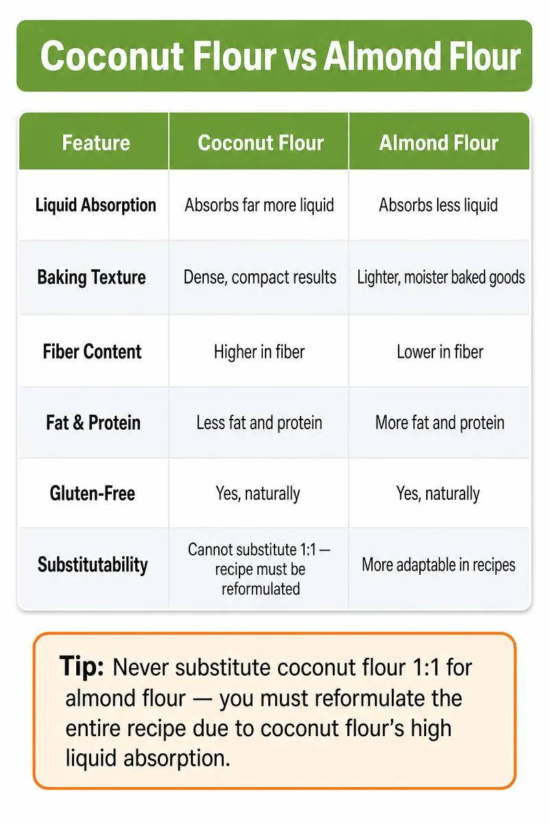 Infographic comparing coconut flour vs almond flour: absorption, texture, fiber, fat, protein, gluten-free status, and substitutability.