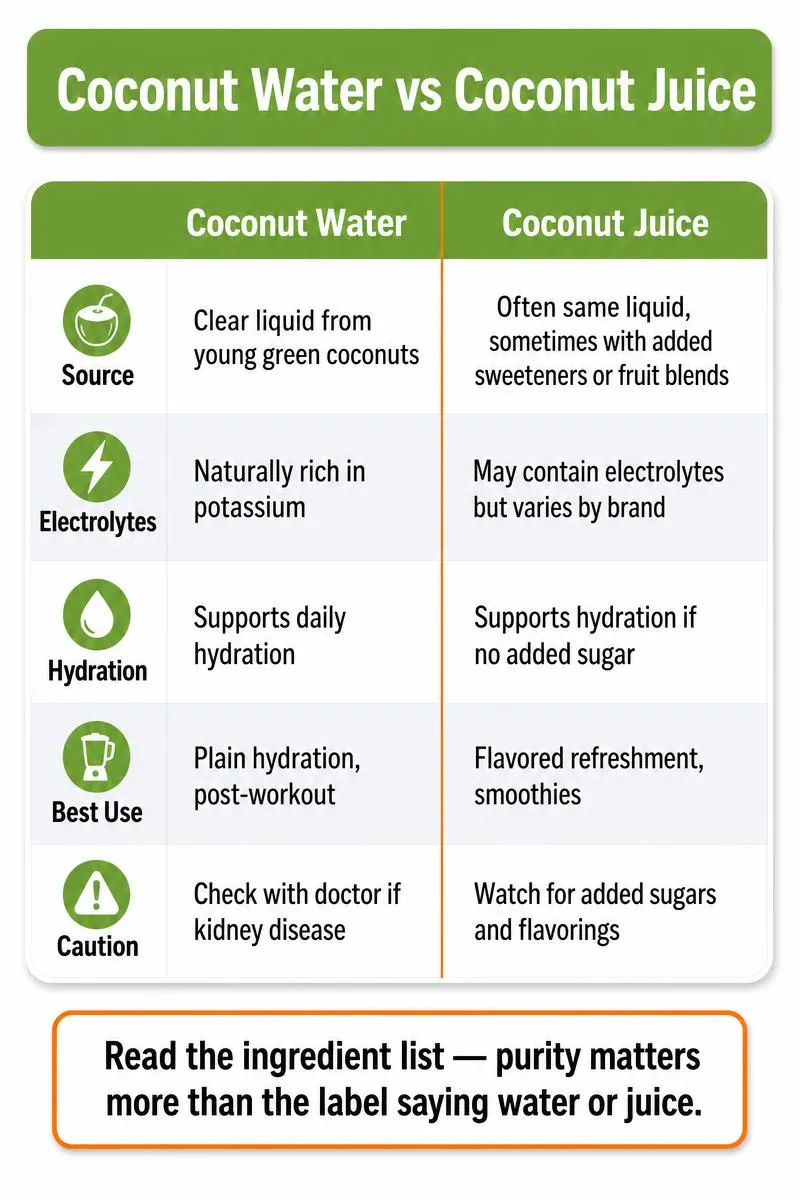Infographic comparing coconut water and coconut juice: source, electrolytes, hydration, best uses, and cautions with a tip on reading ingredient lists.