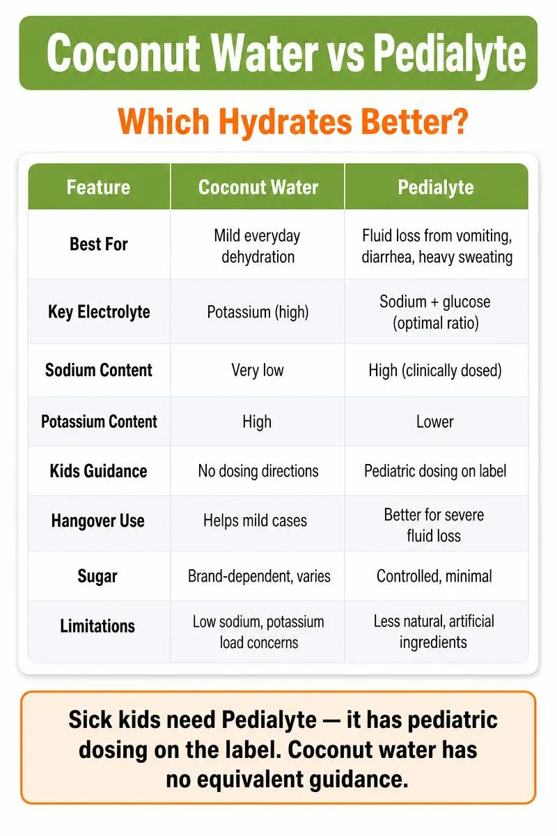 Infographic comparing coconut water vs Pedialyte for hydration: electrolytes, sodium, kids, hangovers, and best uses