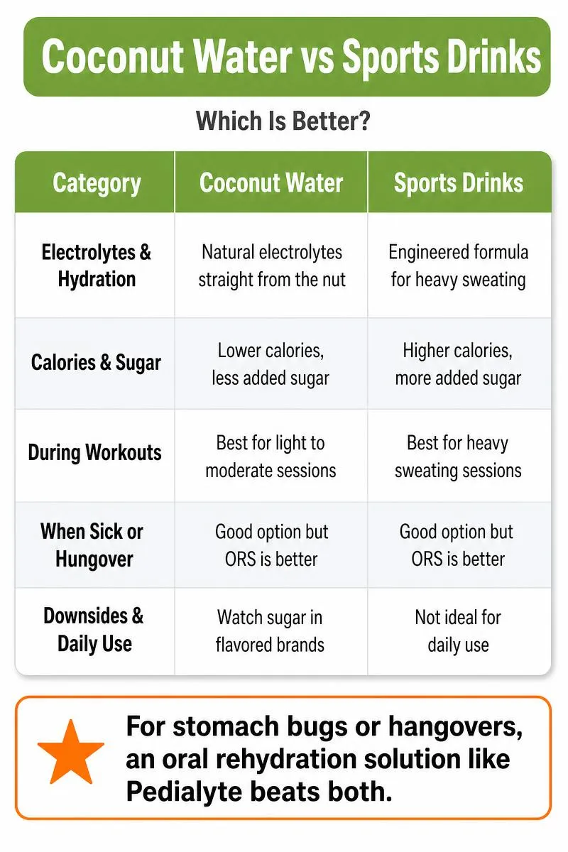 Infographic comparing coconut water and sports drinks across hydration, calories, workouts, sickness, and daily use with practical tip