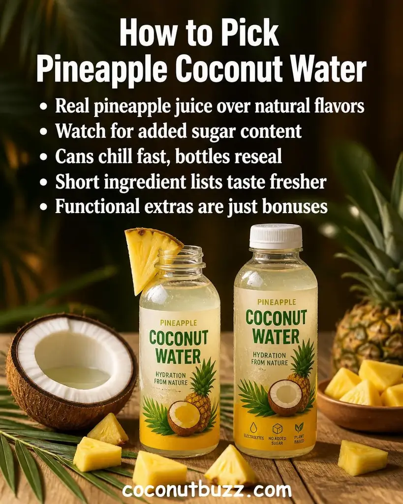 Two open coconut water bottles with pineapple slices and a halved coconut on a light wood surface, green palm leaf, orange and green tropical tones, soft natural light - coconut water with pineapple