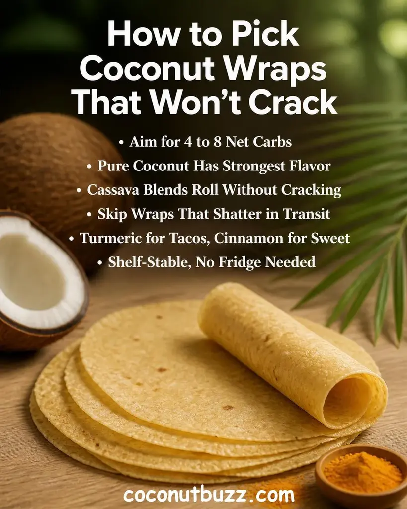 Stack of thin pliable coconut wraps on a warm light wood surface with halved coconut, palm leaf, and turmeric powder scattered nearby, orange and green tones with soft natural light - best coconut wraps for low-carb meals