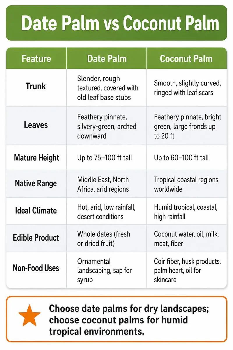 Infographic comparing date palms and coconut palms: trunk, leaves, height, climate, uses, and edible products.