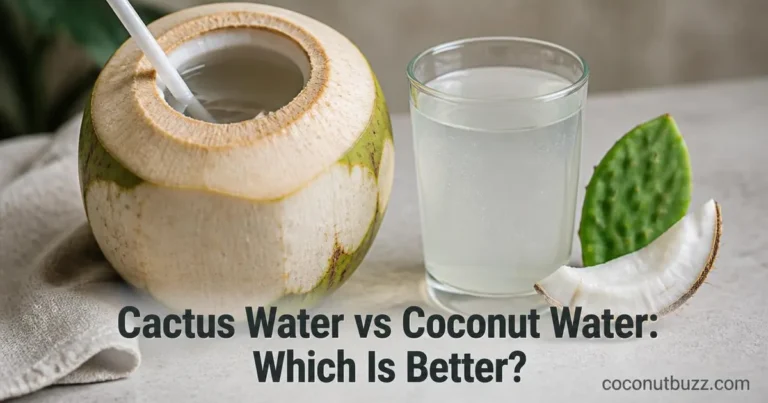 Fresh young coconut with straw and glass of cactus water side by side on neutral background with linen napkin