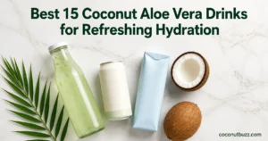 coconut aloe vera drink bottles and can arranged flatlay with halved coconut and palm leaf on light marble surface