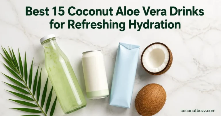 coconut aloe vera drink bottles and can arranged flatlay with halved coconut and palm leaf on light marble surface