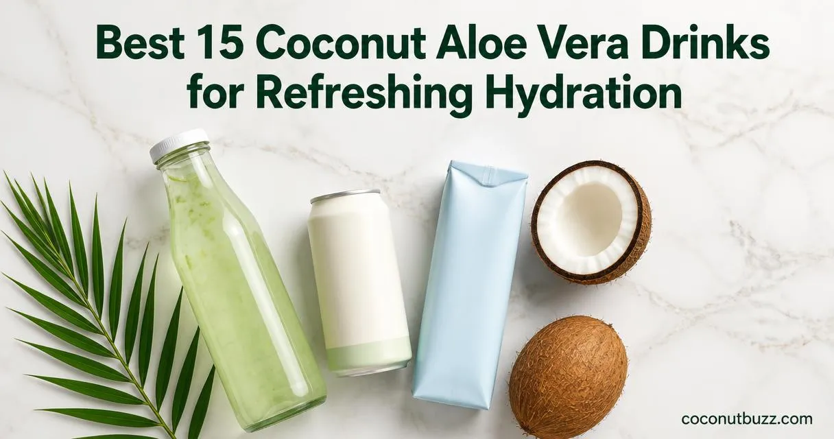 coconut aloe vera drink bottles and can arranged flatlay with halved coconut and palm leaf on light marble surface