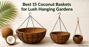 Coconut baskets: three hanging-style baskets (metal, coir-lined, coconut-shell) with a whole coconut, halved coconut, and palm leaf on light wood
