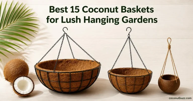 Coconut baskets: three hanging-style baskets (metal, coir-lined, coconut-shell) with a whole coconut, halved coconut, and palm leaf on light wood