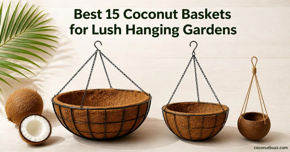 Coconut baskets: three hanging-style baskets (metal, coir-lined, coconut-shell) with a whole coconut, halved coconut, and palm leaf on light wood