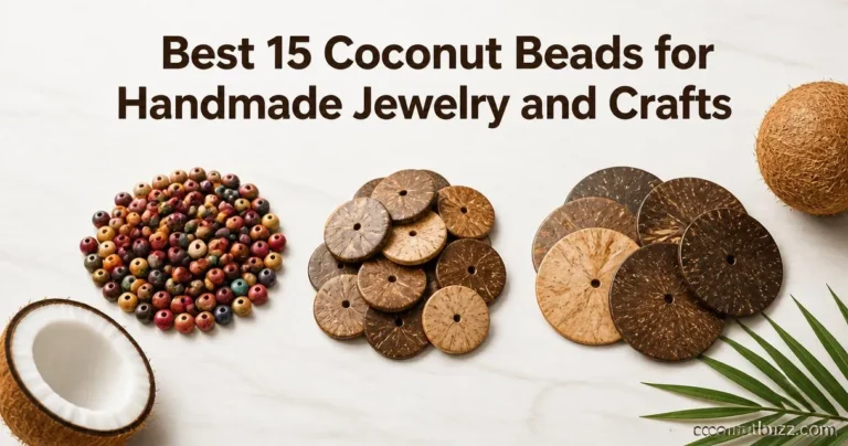 coconut beads: three piles—multi-color 5mm beads, 10mm flat round beads, 15mm disc beads with halved coconut and palm leaf on light wood