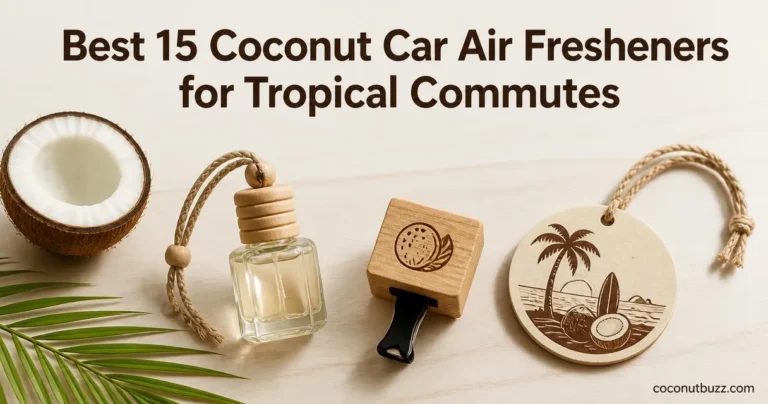 coconut car air freshener trio — glass bottle diffuser, wood block clip, disc freshener; halved coconut and palm leaf on light wood