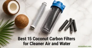 Coconut carbon filter cartridges — slim 20x2.5 cylinder, large 20-inch cartridge, and 7mm ceramic-cap pipe filters on light marble with halved coconut and palm leaf