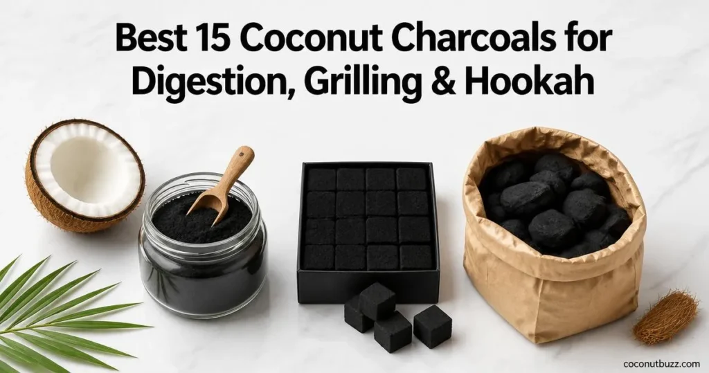Coconut charcoal: jar of powder, hookah cube box and open briquet bag with halved coconut and palm leaf on marble