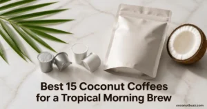 Coconut coffee pods and an unbranded bag of ground coffee with a halved coconut and palm leaf on a light marble surface
