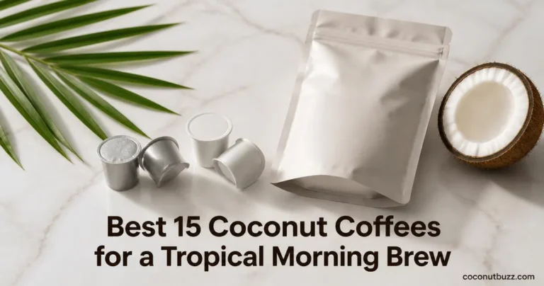 Coconut coffee pods and an unbranded bag of ground coffee with a halved coconut and palm leaf on a light marble surface