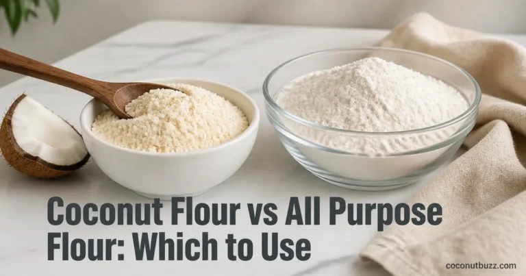 Two bowls side by side with coconut flour and all purpose flour, a coconut shell piece nearby on a light marble surface