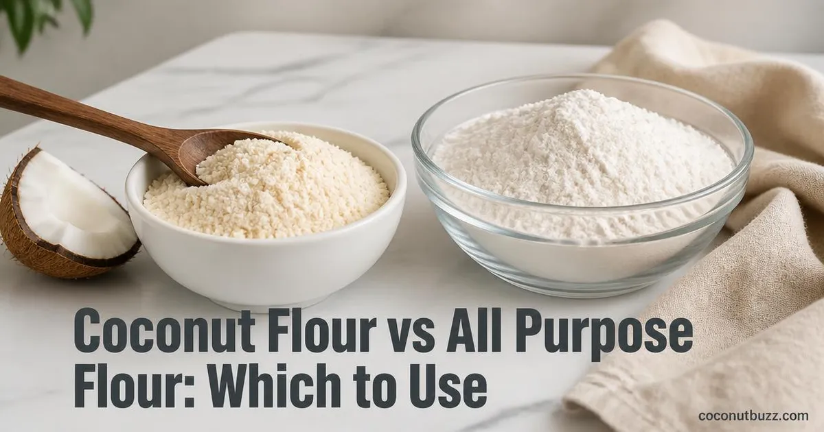 Two bowls side by side with coconut flour and all purpose flour, a coconut shell piece nearby on a light marble surface