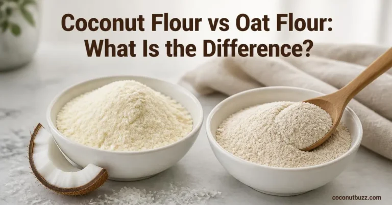 Side by side bowls of coconut flour with coconut shell and oat flour on light marble with wooden spoon and dusting of flakes
