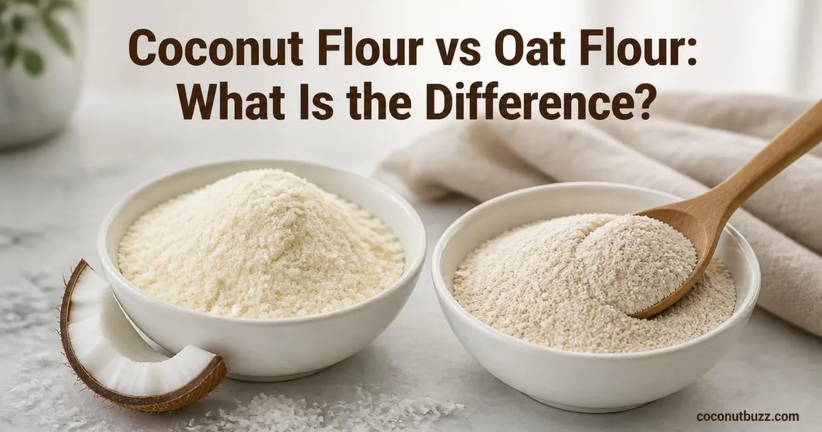 Side by side bowls of coconut flour with coconut shell and oat flour on light marble with wooden spoon and dusting of flakes