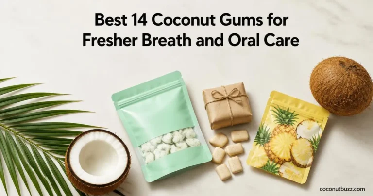 Coconut gum pouches and kraft-wrapped chicle pieces with halved coconut, whole coconut and palm leaf on light marble surface