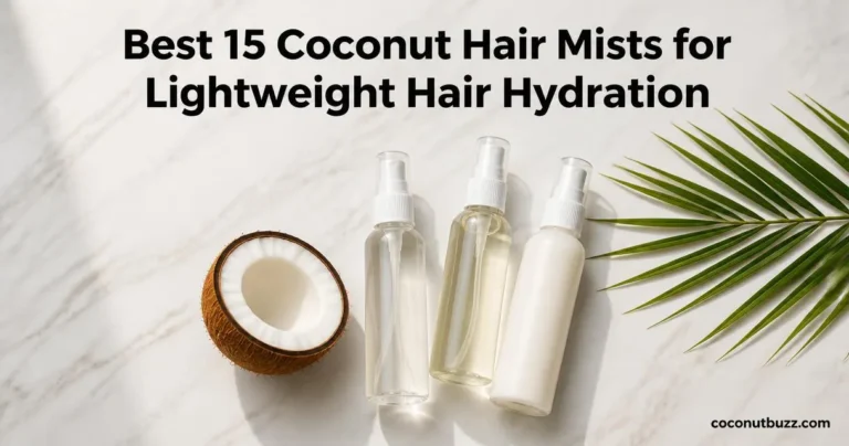 Coconut hair mists: three unbranded spray bottles on light marble with a halved coconut and palm leaf, flatlay