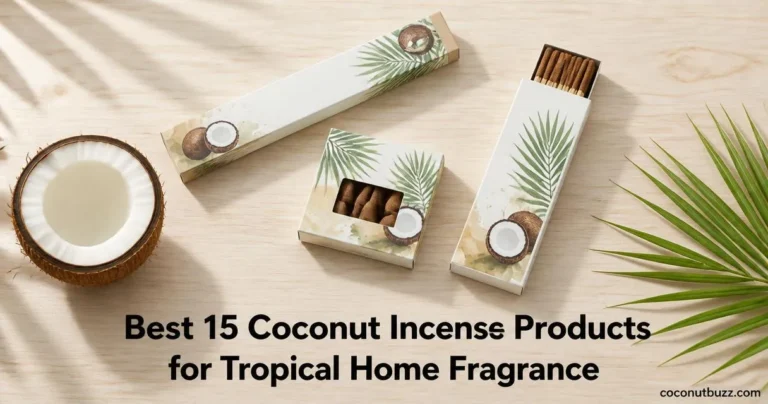 coconut incense products: three incense packs and a cone arranged on light wood with halved coconut and palm leaf