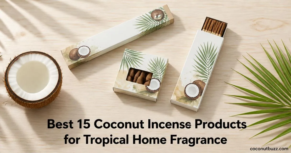 coconut incense products: three incense packs and a cone arranged on light wood with halved coconut and palm leaf