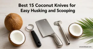 Coconut knives: silicone-handled scraper, 7-inch cleaver, and metal opener with halved coconut and palm leaf on light wood.