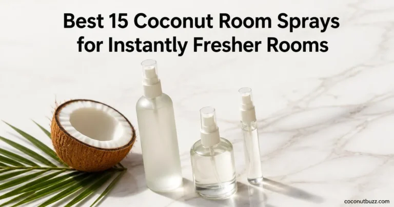 Coconut room spray trio - three unlabeled spray bottles with halved coconut and palm leaf on light marble surface
