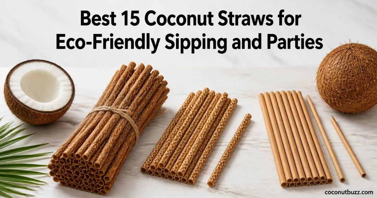 Coconut straws fanned and bundled with a halved coconut and palm leaf on a light marble flatlay