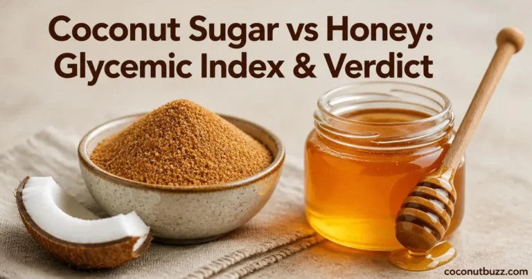 Side-by-side photo of a bowl of golden coconut sugar with coconut shell and a jar of honey with honey dipper on neutral background
