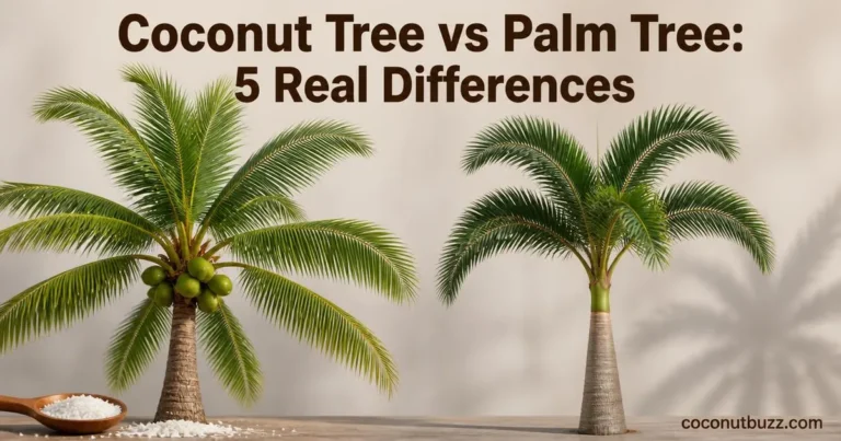 Side by side photorealistic comparison of a coconut tree with coconuts and a palm tree without coconuts on a neutral background