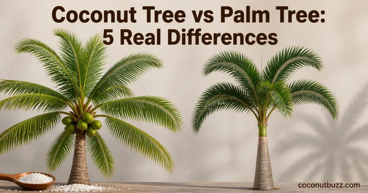 Side by side photorealistic comparison of a coconut tree with coconuts and a palm tree without coconuts on a neutral background