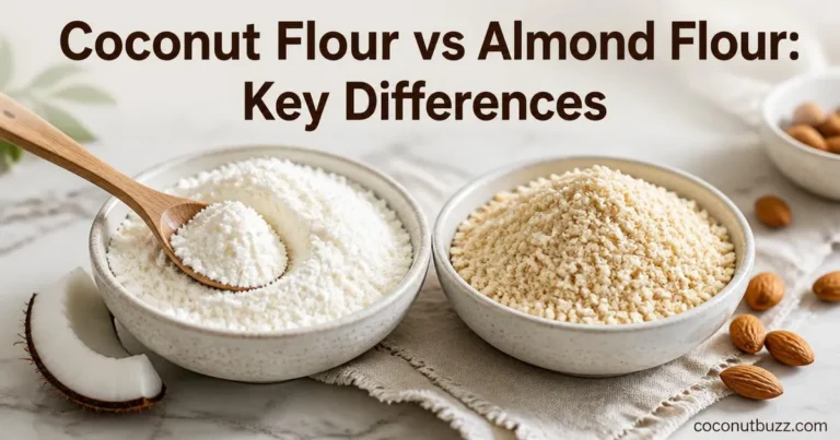 two bowls of coconut flour with coconut shell and almond flour side by side on light marble with wooden spoon and linen napkin