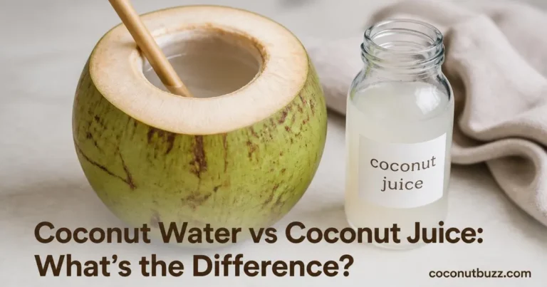 Fresh young coconut with straw and clear coconut water next to a glass bottle of light coconut juice on neutral background