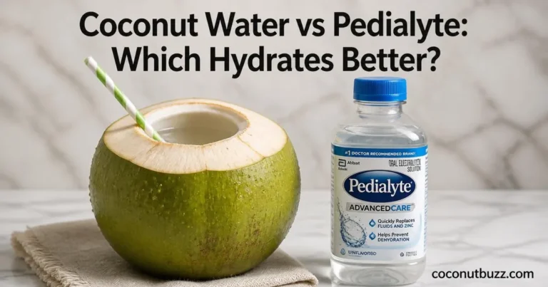 Fresh young green coconut with straw and clear liquid beside a Pedialyte bottle on light marble with linen napkin