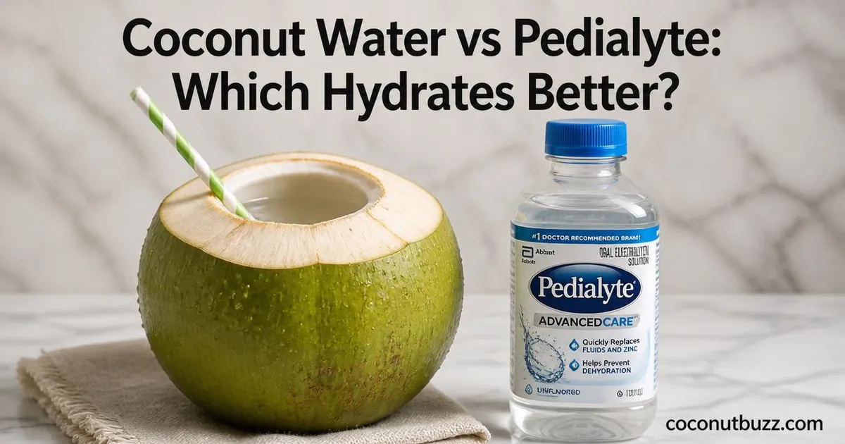 Fresh young green coconut with straw and clear liquid beside a Pedialyte bottle on light marble with linen napkin
