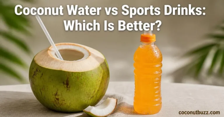 fresh young coconut with straw and clear water next to orange sports drink bottle on linen surface with coconut shell piece