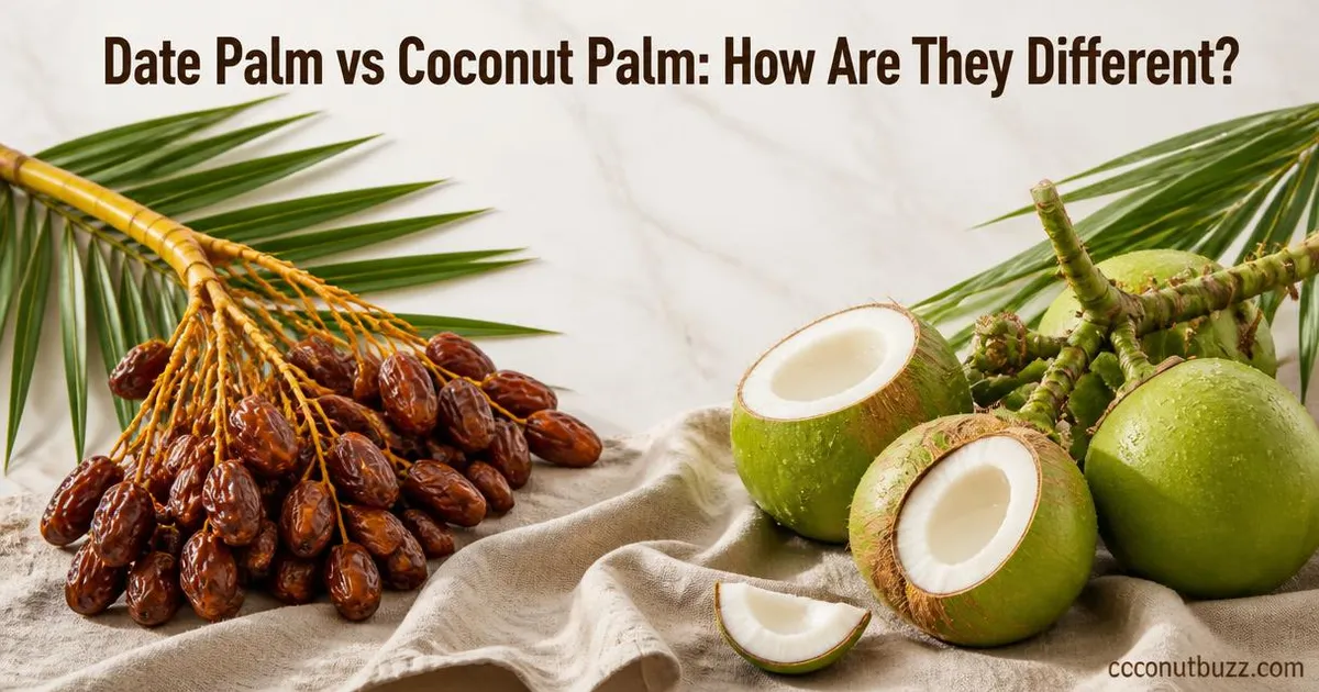 Side-by-side realistic photo of ripe date palm dates and green coconut palm coconuts with piece of coconut shell and title text overlay