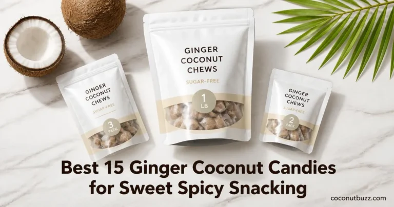 ginger coconut candy packs — three unbranded bags (small pouch, 1lb bag, 2-pack) with halved coconut and palm leaf on marble surface