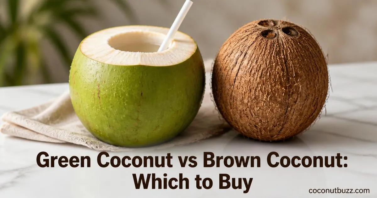 Side-by-side comparison of a fresh green coconut cut open with a straw and a whole brown coconut on a light marble surface