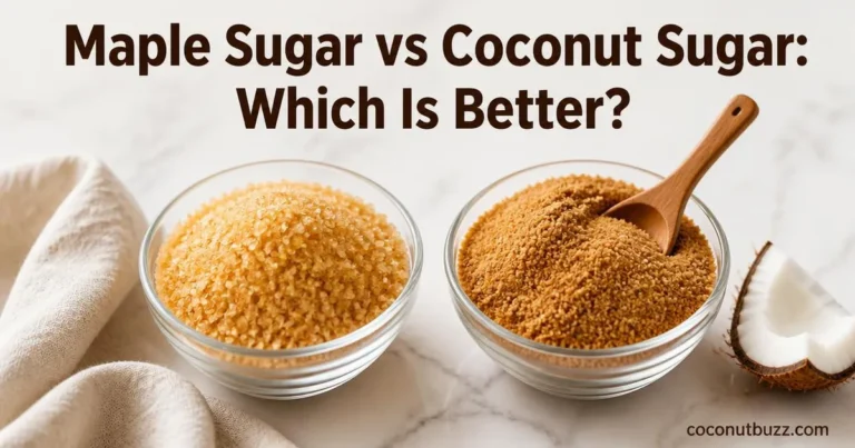 Two bowls side by side with golden maple sugar and tan coconut sugar next to coconut shell and flesh on marble surface