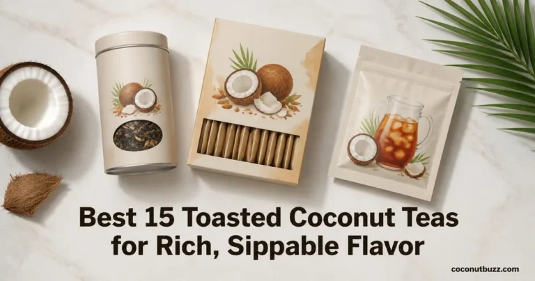 Toasted coconut tea packages (tin, 36-count box, iced-tea sachet) with halved coconut and palm leaf on light marble surface