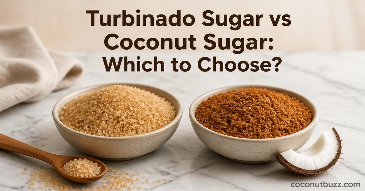 Side-by-side bowls of coarse golden turbinado sugar and fine dark coconut sugar with coconut shell piece on marble background