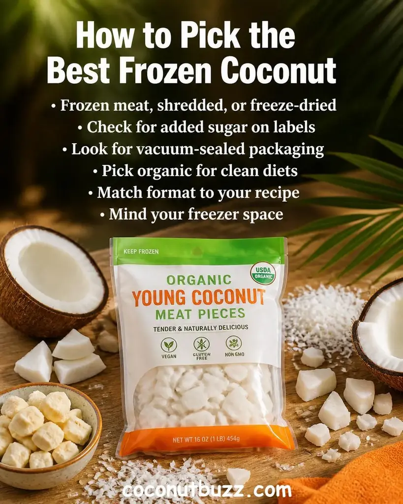 Bag of frozen coconut meat pieces with loose white coconut chunks, shredded flakes, halved coconut shells, and a palm leaf on warm light wood surface with bright natural light - frozen coconut