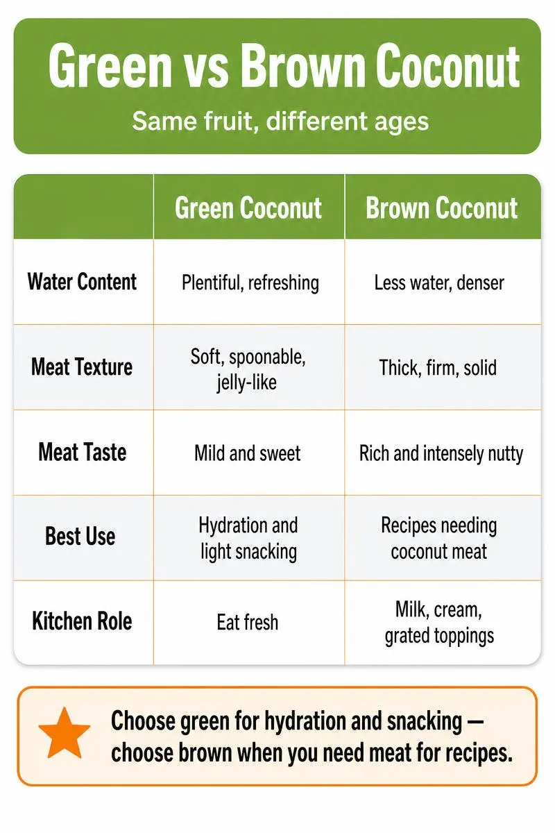 Infographic comparing green and brown coconuts by water content, meat texture, taste, best use, and kitchen role.