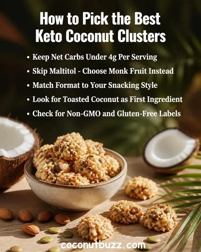 Ceramic bowl of coconut clusters with scattered almonds and pumpkin seeds on warm light wood surface, halved coconut and green palm leaf beside it - best keto coconut clusters