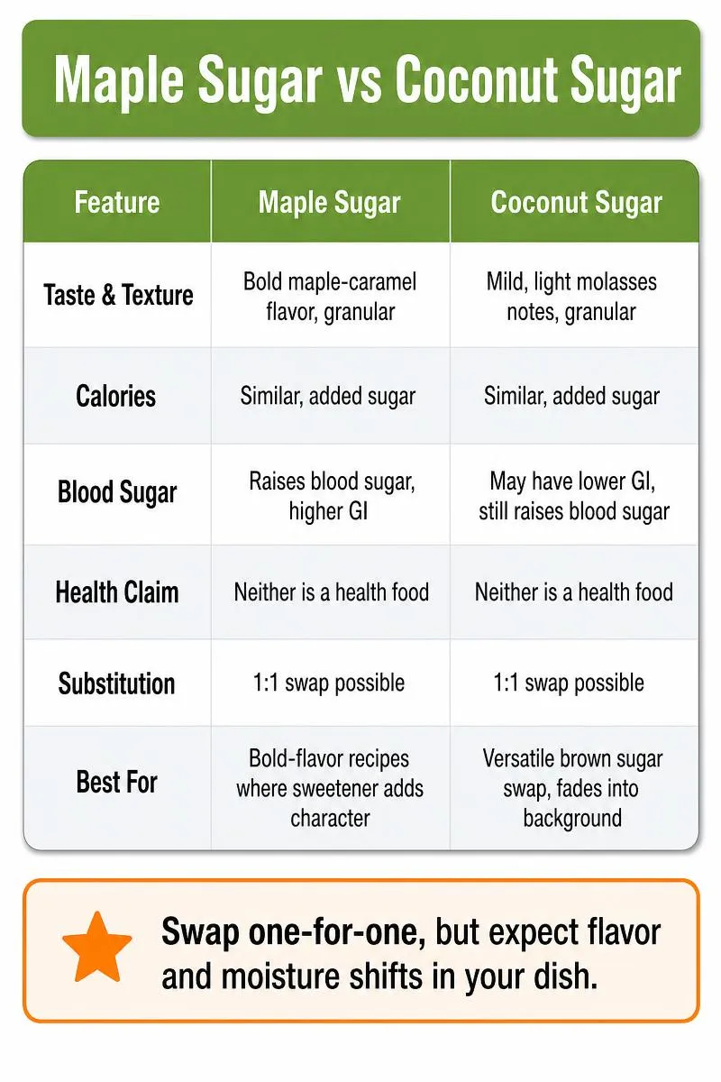 Infographic comparing maple sugar vs coconut sugar on taste, nutrition, baking, and best uses with a substitution tip.