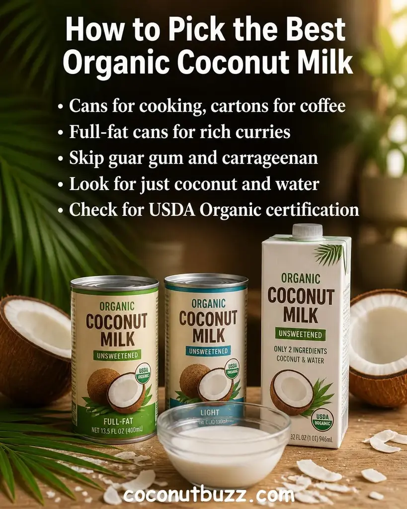 Two cans and a carton of coconut milk beside a glass bowl of poured coconut milk with halved coconuts and a green palm leaf on a warm light wood surface - best organic coconut milk
